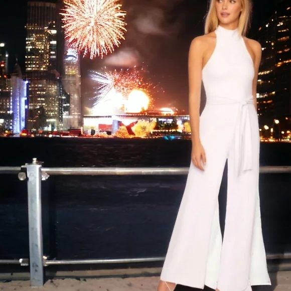 Susana Monaco White Mockneck Jumpsuit Stretch Waist-tie MED NWT Made in the USA - Picture 3 of 14